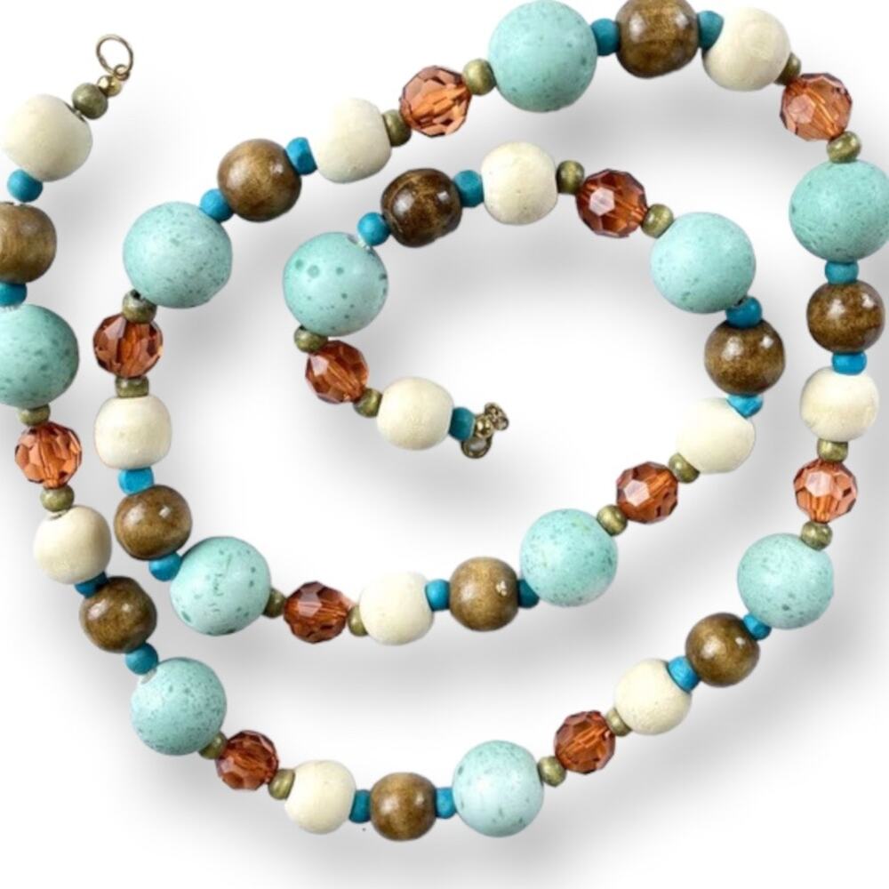 Unique mixed materials brown and blue necklace